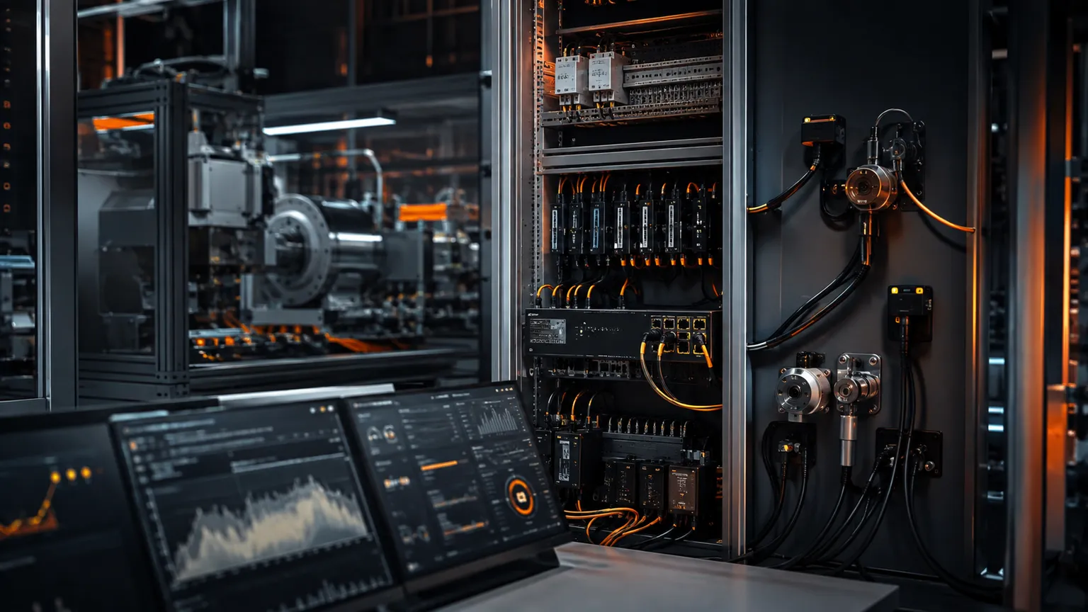 Painel de automação, sensores e monitoramento de operação industrial