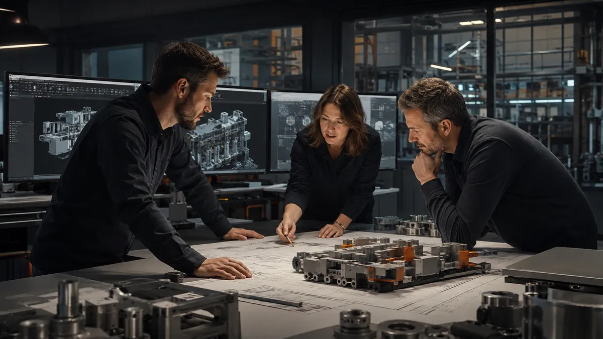 Equipe de engenharia desenvolvendo projeto industrial sob medida